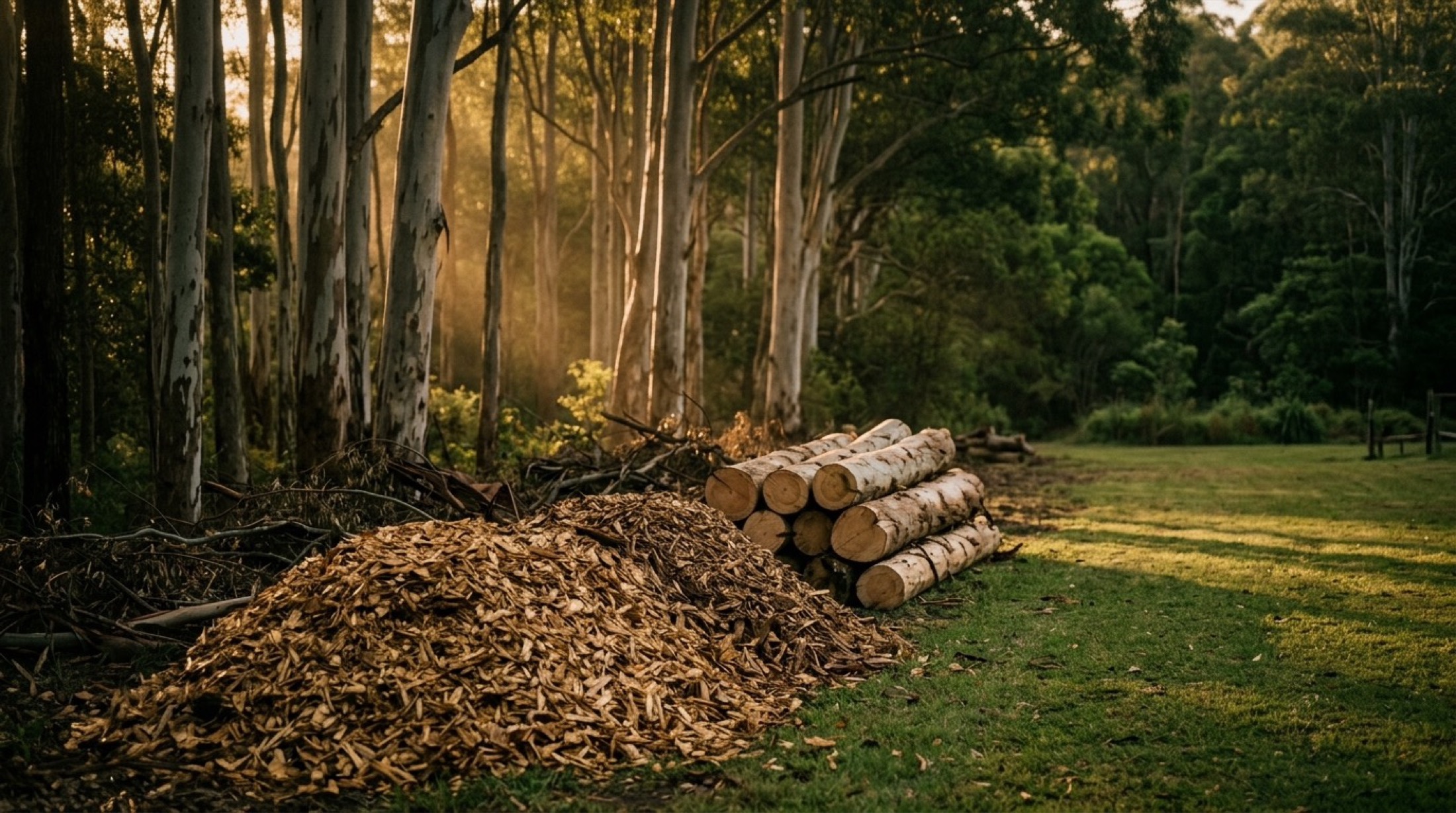 Freshly cut logs stacked after a tree removal