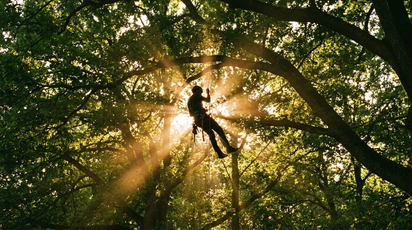 A tree climber roped high in a sunlit oak canopy