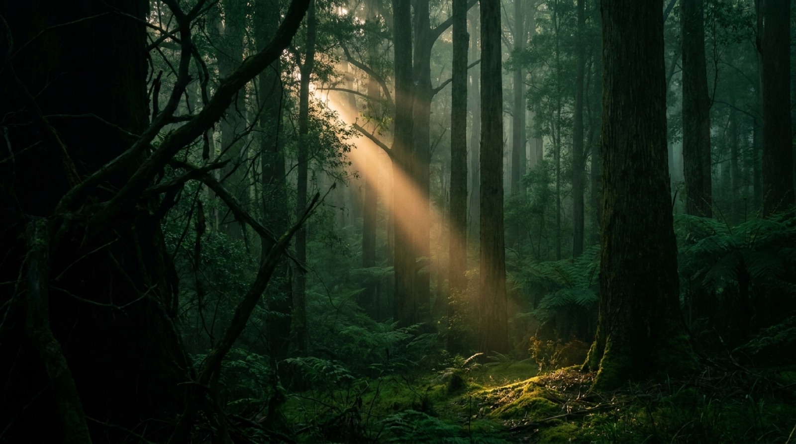 Sunlight breaking through a stand of tall forest trees