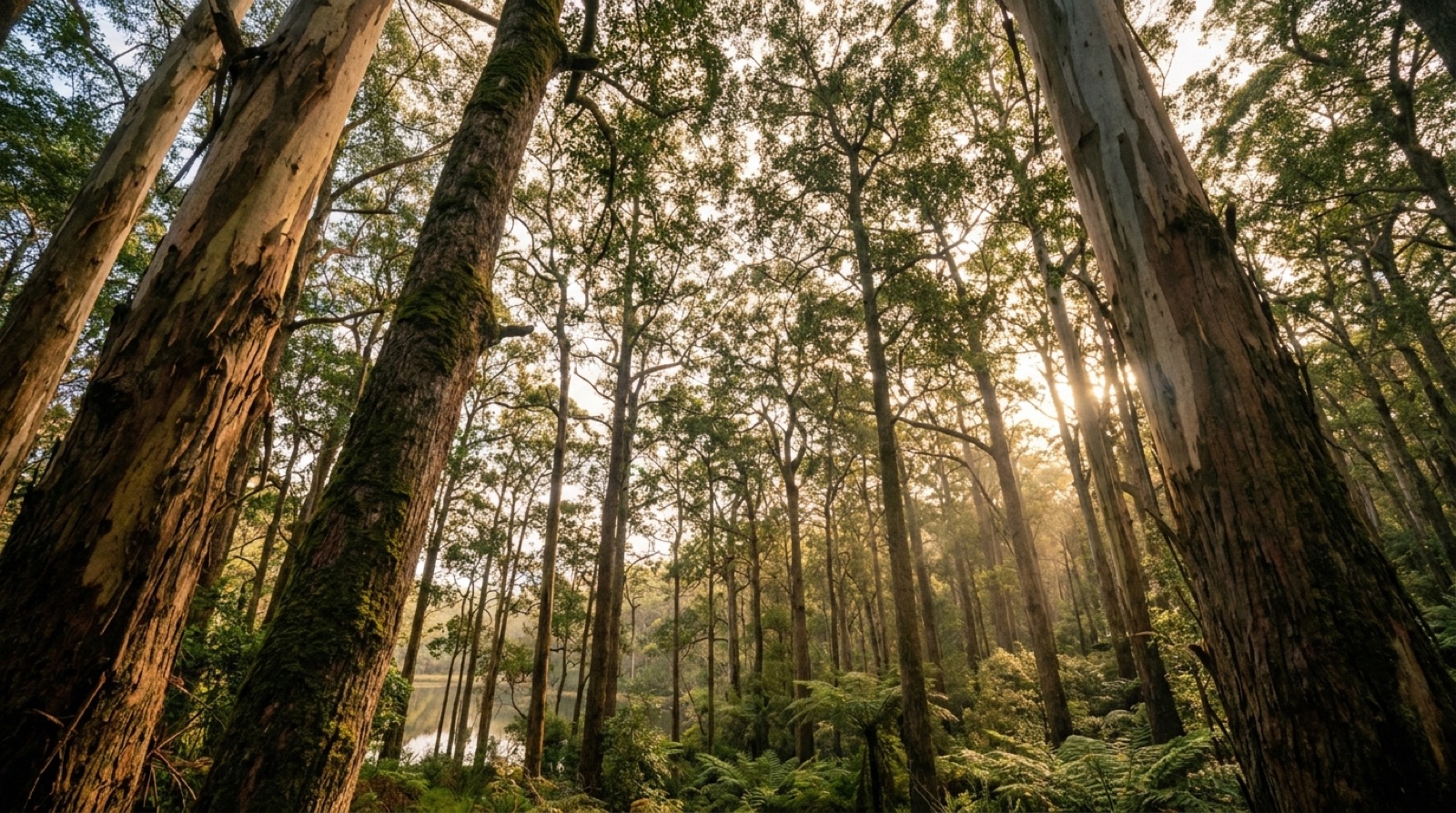 Tall trees reaching into a sunlit forest canopy