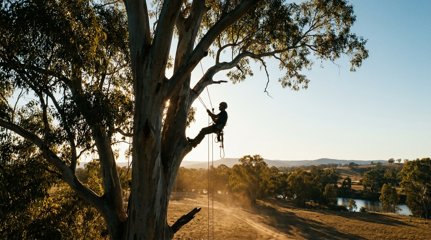 A tree climber roped high in a large tree at golden hour